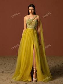 VIPGIRL Elegant Asymmetrical Neck Bead & Sequin Contrast Mesh High Slit Formal Evening Dress Prom Wedding Guest Gown, For Graduation, Dinner