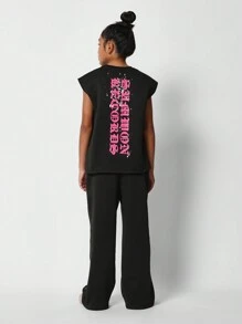 SUMWON Tween 女童宽松背心和宽松慢跑裤，带印花 2 件套 - 黑色 - 查看 2