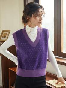 Knit Mix Women's French Style Commuter Knitted V-Neck Sleeveless Vest, Regular Loose Fit Sweater (Random Pattern), Fall/Winter - Purple - View 6