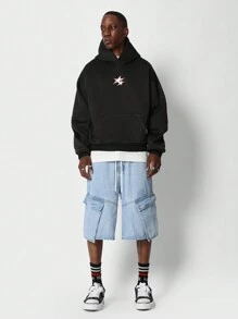 SUMWON Oversized Fashion Hoodie Star Logo Print Streetwear Sweatshirt Front Back Graphic Design Layering Comfort Winter Fall Essential - Black - View 4