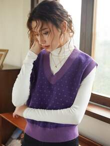 Knit Mix Women's French Style Commuter Knitted V-Neck Sleeveless Vest, Regular Loose Fit Sweater (Random Pattern), Fall/Winter - Purple - View 5