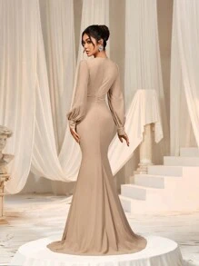 Elegant Bridesmaid Dress - Crossover Neckline, Ruffle Details, Fishtail Hem - Champagne - View 3