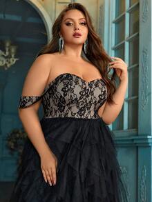 QOQ Elegant Mature Plus Size Splicing Lace Mesh One Shoulder Slit Gown Dresses For Banquet, Evening Party - Black - View 5