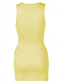 Women Round Neck Solid Sleeveless Dress For Summer - Yellow - View 2