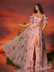 VIPGIRL Long Printed Mesh Off Shoulder Women's Evening Party Dress