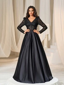 Faeriesty Đầm dự tiệc tối trang trọng cổ chữ V tay dài phối ren satin tương phản - màu đen - Xem 4