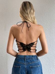 Flirla Top corto sexy con cuello con tiras y diseño de mariposa a la moda para mujeres
