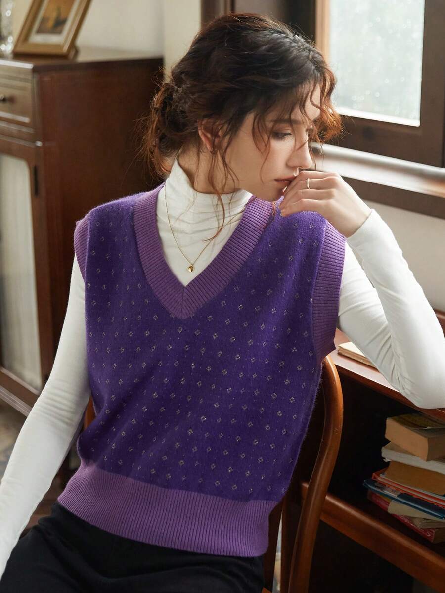 Knit Mix Women's French Style Commuter Knitted V-Neck Sleeveless Vest, Regular Loose Fit Sweater (Random Pattern), Fall/Winter - Purple - View 1