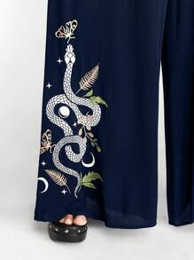 ROMWE Goth Damskie gotyckie spodnie z szerokimi nogawkami i nadrukiem wężowo-roślinnym, wakacyjnym - Granatowy - Zobacz 6