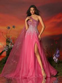 VIPGIRL Elegant And Noble Mesh Dress For Formal Occasions, Prom Evening Wedding Guest Gown, For Graduation, Dinner Party Dress - 粉色 - 查看 5