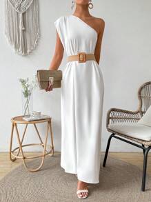 Breezaya Elegant Solid Color One Shoulder Dress For Women - White - View 5