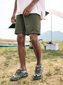 In My Nature Solid Color Outdoor Summer Shorts With Pockets - Army Green - View 3