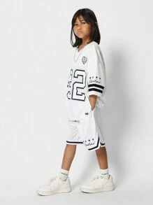 Conjunto de 2 piezas de camiseta tipo jersey de béisbol y pantalón corto para niñas preadolescentes - Blanco - Ver 6