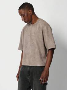 SUMWON 短款绒面革短袖 T 恤，带背部号码刺绣 - 卡其色 - 查看 2