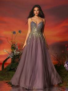 VIPGIRL 长款紫色亮片薄纱优雅女士晚会礼服正式舞会婚礼宾客礼服，适合毕业典礼、晚宴