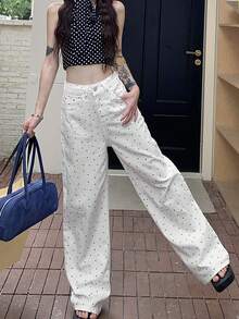 Quần Jeans Nữ Dáng Rộng Lưng Cao Đơn Giản Họa Tiết Hoa - trắng - Xem 6