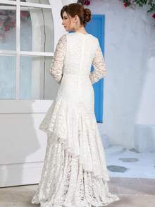 Long Sleeve Round Neck Double-Layer Hem Elegant Wedding Dress, Extended Length