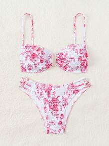 SHEIN Swim Women's Summer Beach Floral Print Halterneck Sexy Bikini Set, Random Print