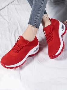 Giày thể thao đế đan bằng đệm khí dành cho nữ, Giày thể thao lưới nhẹ, Giày chạy bộ có dây buộc bằng lưới thoáng khí, Giày nữ - Đỏ - Xem 6