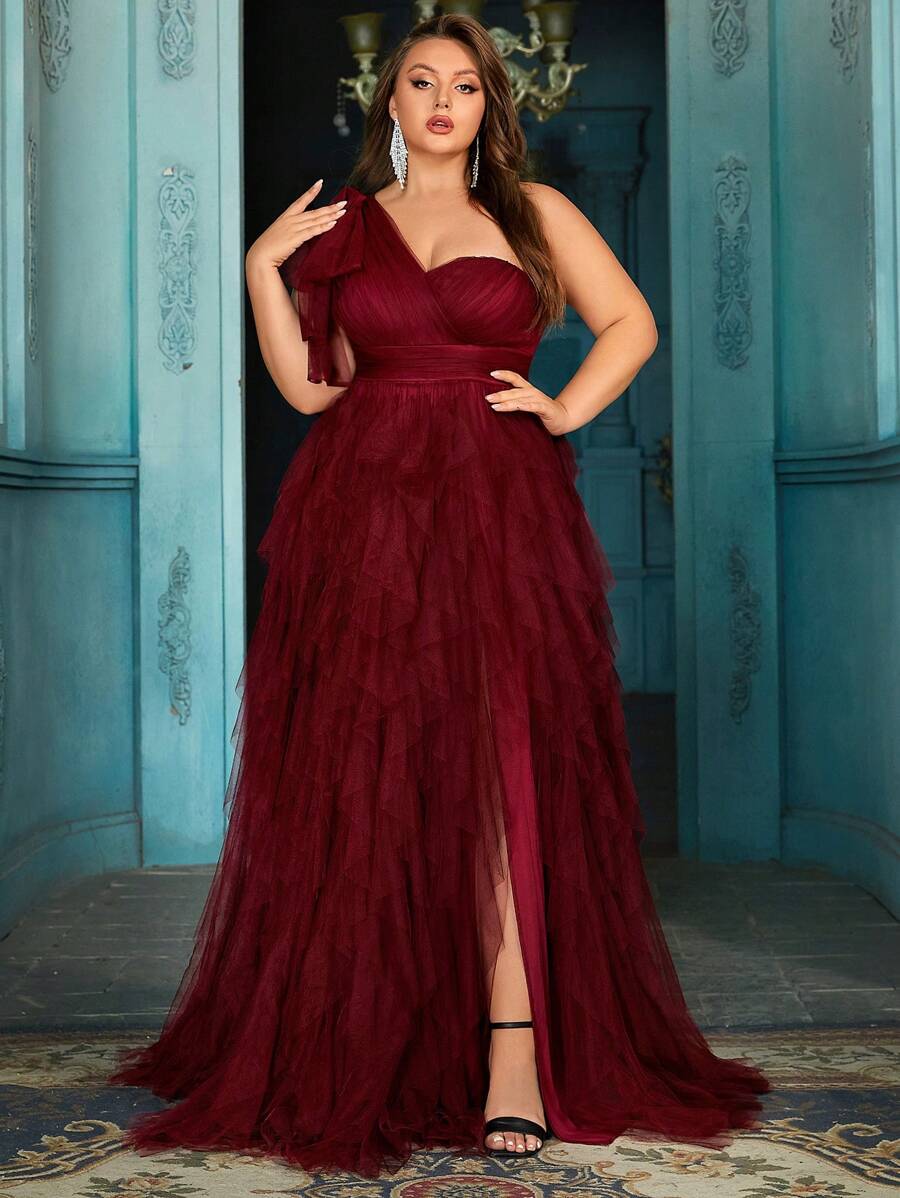QOQ Stylish Elegant Women Plus Size Formal Dress Summer Evening Gown For Dinner Party, Formal Events, Cocktail Party, Birthday Parties, Galas Solid Color Slit Asymmetrical Neck Dresses