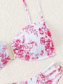 SHEIN Swim Women's Summer Beach Floral Print Halterneck Sexy Bikini Set, Random Print