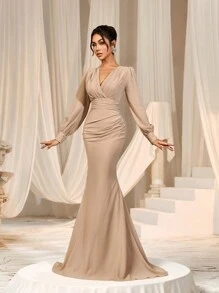 Elegant Bridesmaid Dress - Crossover Neckline, Ruffle Details, Fishtail Hem - Champagne - View 4