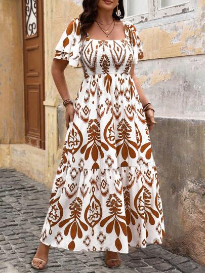 SHEIN Plus size kvinnors casual tryckt enkel vardaglig sommar boho klänning (slumpmässigt tryck) dam outfit