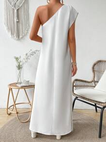 Breezaya Elegant Solid Color One Shoulder Dress For Women - White - View 2