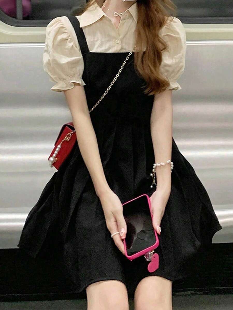 Vestido de manga abullonada con cuello de polo 2 en 1 para verano, estilo casual con bloque de colores - Negro - Ver 1