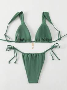 女性夏季沙灘穿搭，純色褶皺性感比基尼套裝 - 綠色 - 查看 2