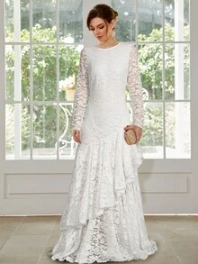 Long Sleeve Round Neck Double-Layer Hem Elegant Wedding Dress, Extended Length