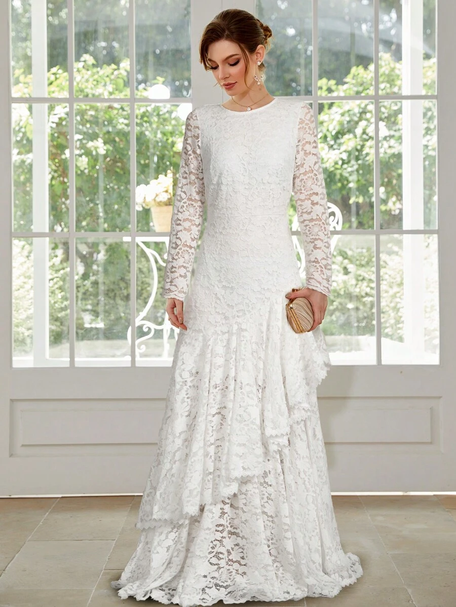 Long Sleeve Round Neck Double-Layer Hem Elegant Wedding Dress, Extended Length