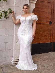 D&M 大碼迷人亮片網拼接分層荷葉邊緊身晚禮服，偏肩設計，適合派對和晚間活動 - 白色 - 查看 5