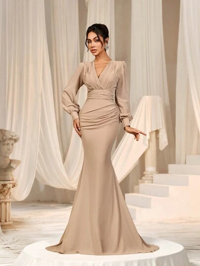Faeriesty Women Elegant Elegant Cross-Over V-Neck Lantern Sleeve Mermaid Hem Dress - Sophisticated Timeless Design For Spring/Summer Weddings, Galas, Red Carpet Bridesmaid Dress,Summer Holiday Outfits