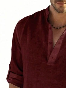 Plus Size Men's Vintage Style Solid Color Turndown Collar Shirt, Made Of Linen Fabric, Suitable For All Seasons, Especially Suitable For Autumn - Burgundy - View 3