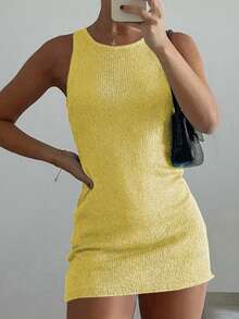 Women Round Neck Solid Sleeveless Dress For Summer - Yellow - View 3