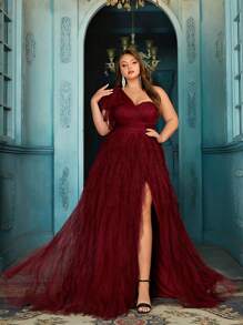 QOQ Stylish Elegant Women Plus Size Formal Dress Summer Evening Gown For Dinner Party, Formal Events, Cocktail Party, Birthday Parties, Galas Solid Color Slit Asymmetrical Neck Dresses