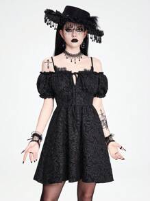 ROMWE Goth 哥德風格露肩蕾絲拼接紋理面料女式泡泡袖連衣裙 - 黑色 - 查看 1