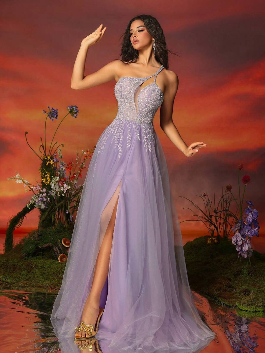 VIPGIRL Women Sequin Contrast Mesh High Slit Maxi Formal Evening Dress Elegant Prom Wedding Guest Gown, For Graduation, Dinner Party Dress - Màu tím - Xem 1