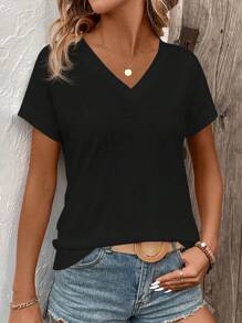 SHEIN LUNE Women's Solid Color V-Neck Short Sleeve Casual T-Shirt, Summer - Black - View 6