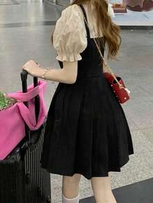 Vestido de manga abullonada con cuello de polo 2 en 1 para verano, estilo casual con bloque de colores - Negro - Ver 2