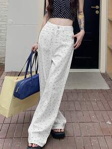 Quần Jeans Nữ Dáng Rộng Lưng Cao Đơn Giản Họa Tiết Hoa - trắng - Xem 5