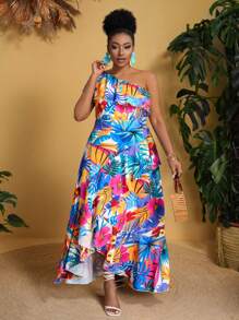 Slaydiva Elegante y romántico vestido de flores de línea A con volantes multicapas y un hombro para mujeres de talla grande