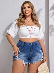 SHEIN VCAY Quần short denim thường ngày có túi dành cho nữ cỡ lớn, thiết kế viền rách và sờn - Rửa tối - Xem 5