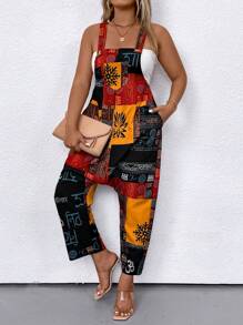 SHEIN LUNE Cộng với kích thước kỳ nghỉ Chắp vá thông thường In Drop Crotch Jumpsuit - Nhiều màu - Xem 3