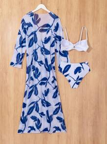 SHEIN Swim 女士夏季海灘植物印花性感比基尼套裝，配長袖和服式遮陽衣 - 藍白色 - 查看 5