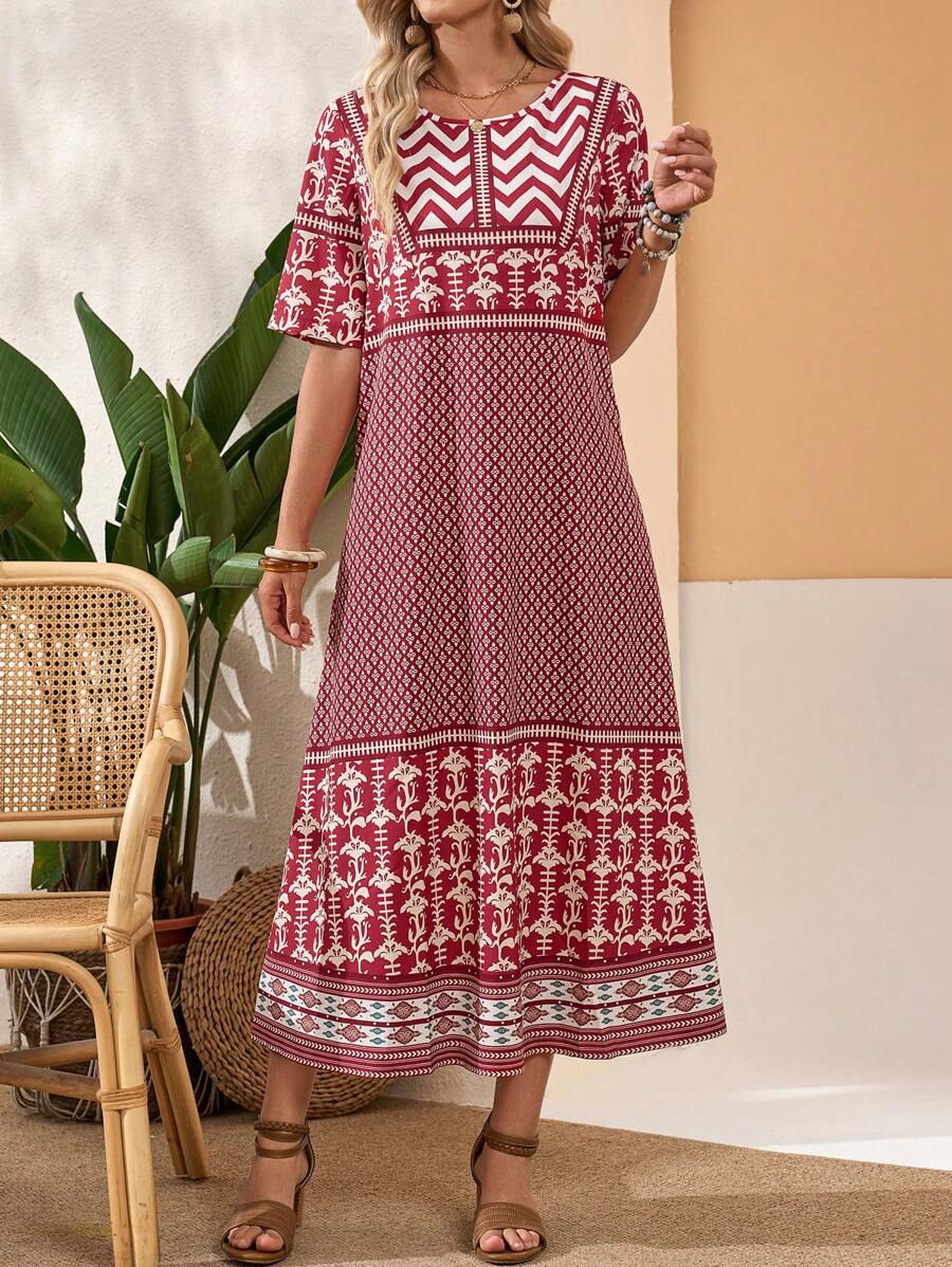 EMERY ROSE Đồ họa trừu tượng Váy mùa hè màu đỏ giản dị dành cho nữ để mặc hàng ngày - Đỏ - Xem 1