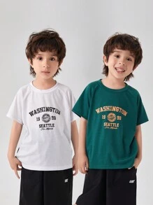SHEIN 2 piezas Joven chico de moda camiseta deportiva con impresión de letras y bloques de colores, adecuado para deportes y uso diario - Multicolor - Ver 1