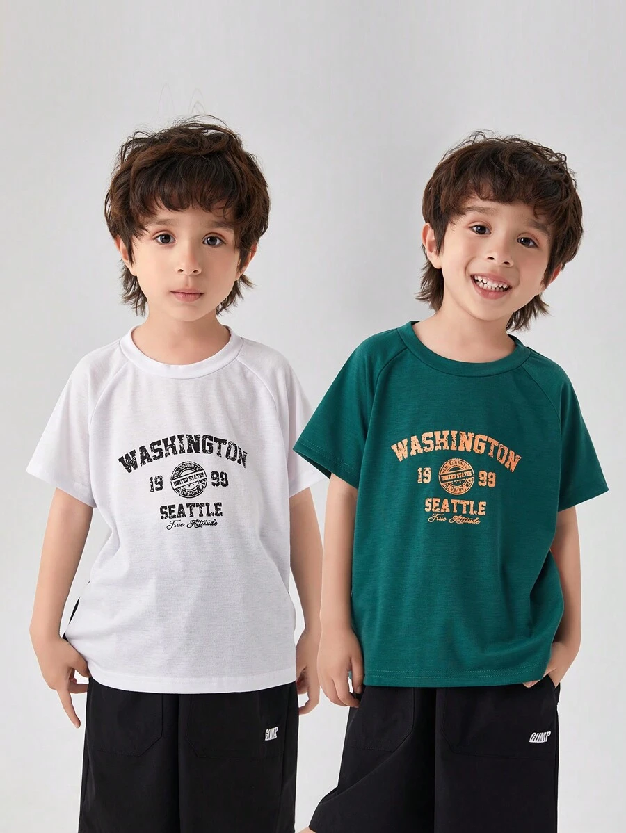 SHEIN 2 piezas Joven chico de moda camiseta deportiva con impresión de letras y bloques de colores, adecuado para deportes y uso diario - Multicolor - Ver 1