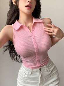 Dazy Designer Women's Solid Color Simple Daily Basic Sleeveless Turn-Down Collar Shirt,Sleeveless Tops Summer Tank Tops Going Out Tops - Pink - View 2